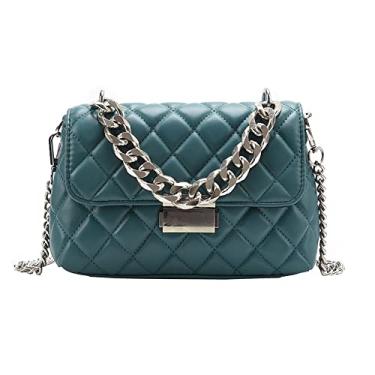 Imagem de Bolsa tiracolo moderna elegante com aba superior para mulheres com corrente acolchoada casual bolsa de ombro Tote bolsa de couro vegano, Verde