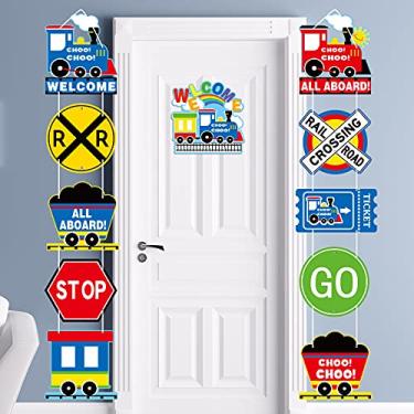 Imagem de 11 Peças Ferroviárias Trem Cruzamento Tema Sinal de trânsito Veículo Sinal de porta Banner Trem a vapor Placa de varanda Choo Choo Recortes Roda Ferroviária Transporte Decorações de festa para sala de aula