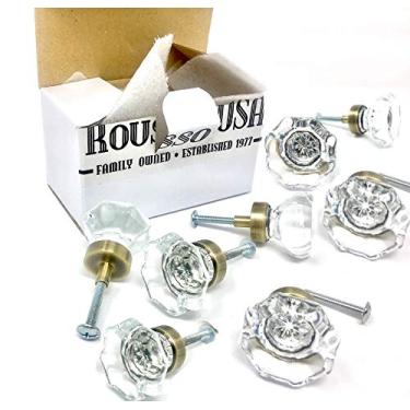 Imagem de Rousso's Reproductions Puxador de vidro transparente 0500-AB8 Ocotagons brilhantes com acabamento em latão antigo