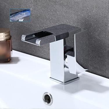 Imagem de Conjunto de torneiras de lavatório de banheiro com cascata de LED de latão Misturador de água quente e fria Torneira para pia com guindaste Mudança de cor Alimentado por torneiras de fluxo de água, Cromado A