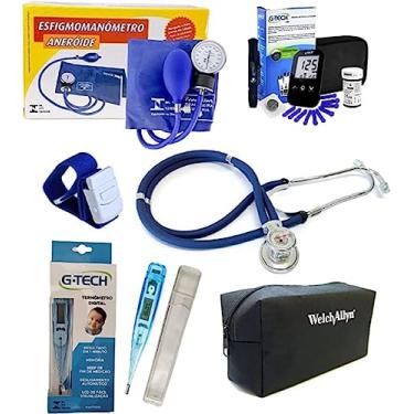 Imagem de Kit De Enfermagem Completo Com Glicosímetro Esteto Esfigmo Termômetro E Garrote E Necessaire (AZUL)