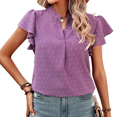 Imagem de Camiseta feminina casual de manga curta, verão com babados camisetas femininas chiffon decote em V pulôver leve, roxo, P (busto: 97 cm)