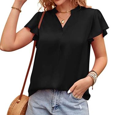 Imagem de Blusa feminina casual de manga curta, camiseta com gola em V para o verão simples, manga com babados, pulôver, preta, GG (busto: 114 cm)