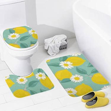 Imagem de Conjunto de 3 peças de tapetes de banheiro com flores de camomila limão lavável tapete antiderrapante tapete de contorno e tampa para banheiro
