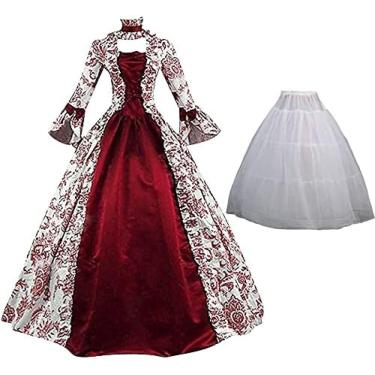 Imagem de Traje Vitoriano Vermelho Feminino, Vestido De Baile, Vestido Medieval Irlandês, Vestido Medieval De Halloween, Vestido Medieval Com Renda, Vestido Espartilho Renascentista,Vinho+agitação,S,Strikin