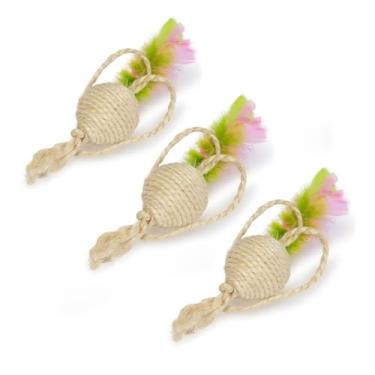 Imagem de Brinquedo para Gato Arranhador Bola Sisal Chocalho e Penas Kit com 3 unidades