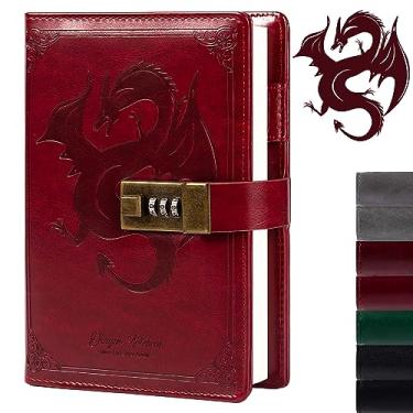 Imagem de TIEFOSSI Caderno de diário Dragon Leather Journal, diário com fechadura de combinação, caderno de papel forrado/em branco, cadernos de escrita B6 Papelaria (vinho)