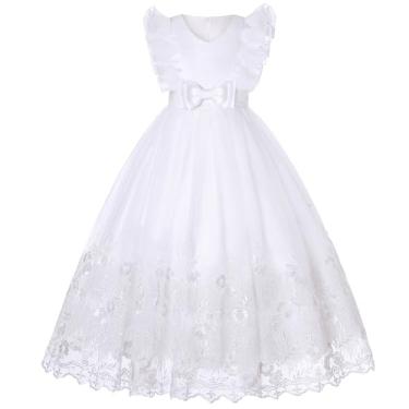 Imagem de BUNNY LULU Vestido para meninas, ombro inclinado, dama de honra, casamento, princesa, laço infantil, aniversário, festa, show, noite, lavanda, Branco 2, 9-10 Anos