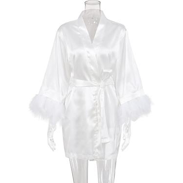 Imagem de Roupão de banho de lã de inverno quente roupão longo roupão de banho de lã roupão de penas brancas com pele mangas completas pijamas roupões de cetim para mulheres camisola vestido de noiva