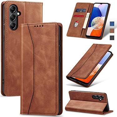 Imagem de Jasonyu Flip Carteira Capa para Samsung Galaxy A14 5G/4G,Capinha Folio Magnética de Couro com Suporte para Cartão,Suporte para Chute - Protetora Durável de TPU à Prova de Choque para Telefone,Marrom