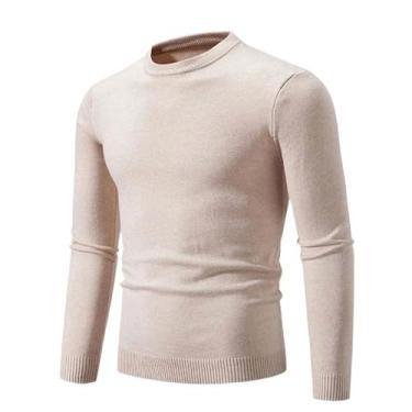Imagem de Suéter masculino slim fit gola redonda cor sólida manga longa suéter tricotado outono inverno tricô pulôver, Bege, PP