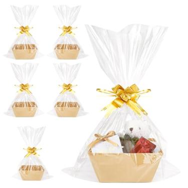Imagem de Conjunto de 6 cestas para presentes vazias para encher com fitas e sacos de presente transparentes para Dia dos Namorados, Páscoa, lembrancinhas de festa de aniversário (papel kraft)