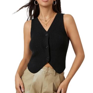 Imagem de Colete feminino de malha, gola V, sem mangas, abotoado, crochê, moda urbana, Um botão preto, G
