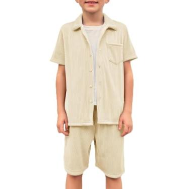 Imagem de Haloumoning Conjunto de 2 peças de camisa para meninos, manga curta, hippie, shorts, moda verão, Bege, 13-14 Anos
