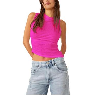 Imagem de CYCLAMEN Camisetas femininas de verão 2024 com ombros de fora e ombros de fora, sem mangas, regatas cropped Y2k, Rosa choque, P