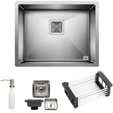 Imagem de Cuba Quadrada Inox 304 Cozinha Pia Embutir Sobrepor Gourmet 55x45 Premium Com Acessórios
