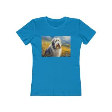 Imagem de Old English Sheepdog Fine Art Camiseta feminina de algodão fiado em anel, Turquesa lisa, XXG