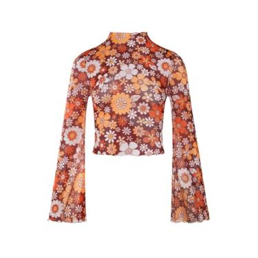 Imagem de Remidoo Camiseta feminina manga sino gola redonda malha estampa floral alface guarnição, Laranja, GG