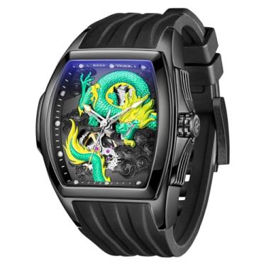 Imagem de REEF TIGER Relógio masculino de luxo Tonneau Skeleton mecânico automático de corda automática Lumious Dragon Dial Relógios Relógio de pulso à prova d'água RGA3061 (RGA3061-BGB)