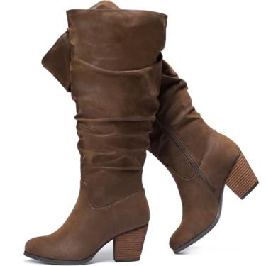 Imagem de Luoika Botas femininas extra largas na altura do joelho, larga, plus size, cano alto, salto baixo empilhado, botas de inverno e outono., Brownpu204, 10.5 X-Wide