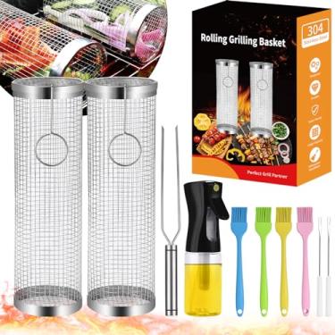 Imagem de YMXHK Cesta de grelha de aço inoxidável, 2 peças, retangular, acessórios para churrasqueira, portátil, lavável na lava-louças, seguro para forno, para peixe, camarão, carne, legumes, batatas fritas