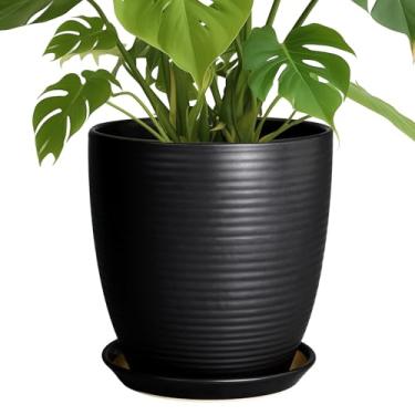 Imagem de EPFamily Vaso de cerâmica 25,4 cm - Vasos grandes para plantas, ambientes internos e externos, vaso de flores redondo esmaltado com orifício de drenagem e pires preto