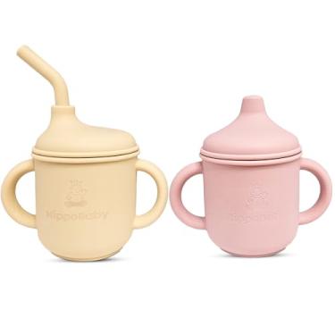 Imagem de HippoBaby Copo com bico de transição de silicone para crianças a partir de 6 meses | Inclui 1 copo de canudo infantil e 1 copo para bebê com alças de 142 g | Perfeito para desmame de LED para bebês