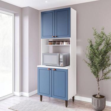 Imagem de Paneleiro / Torre Quente 4 Portas 2 Nichos para Forno e Utensílios com 80 Cm Pérola Yescasa Branco / Azul