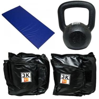 Imagem de Kit Colchonete Azul + Par de Caneleira 3Kg + kettlebell Pintado 14kg -