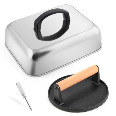 Imagem de HaSteeL Cúpula de derretimento de queijo e prensa de hambúrguer, cobertura de cozimento a vapor de aço inoxidável e prensa de bacon de ferro fundido redonda, ideal para churrasqueira de grelha de topo