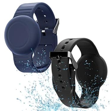 Imagem de Pulseira infantil para AirTag à prova d’água, de silicone macio, leve, pulseira com Air Tag oculto rastreador GPS compatível com Apple AirTag, pacote com 2 unidades, preto e azul-marinho