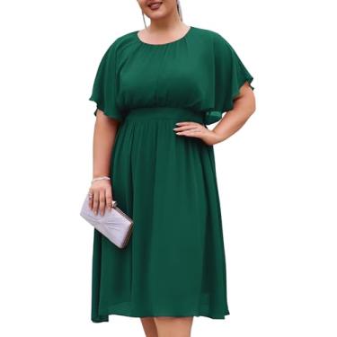 Imagem de Hanna Nikole Vestidos de chiffon plus size para mulheres, mangas com babados, cintura império, evasê, vestido de praia de verão, Verde escuro, 50