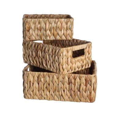 Imagem de kit 3 cestos organizadores retangulares com alças de palha fibra natural - Oikos