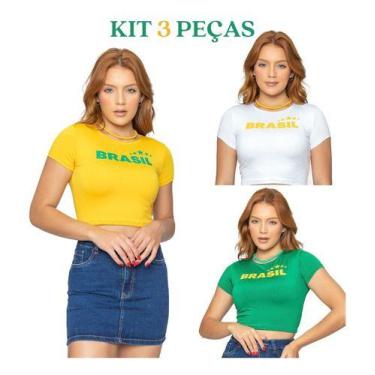 Imagem de Kit 3 peças Cropped Brasil com Manga - Adamas, Amarelo, P