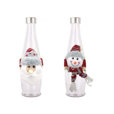 Imagem de Jogo Garrafa Vidro Decorada Natal Papai Noel e Boneco de Neve Pelúcia 