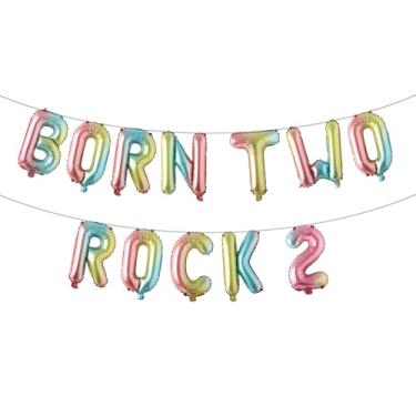 Imagem de Born Two Rock 2 Birthday Decorations Rock and Roll 2nd Birthday Party Supplies with Born Two Rock Balloon Banner Cake Topper Balloon for Rock Band Music Theme Party (BORN TWO ROCK 2 Rainbow)