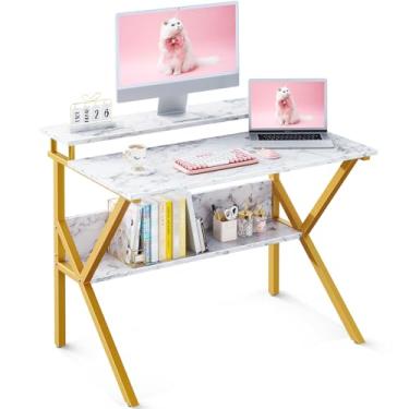 Imagem de ODK Mesa pequena, mesa de computador pequena de 60 cm para espaços pequenos, mesa compacta com armazenamento, mesa de estudo pequena com suporte para monitor para escritório em casa, mármore branco +