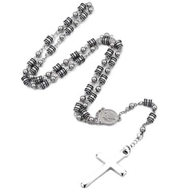 Imagem de Colar longo com contas de aço inoxidável e prata preta cristã católica crucifixo religioso Preto