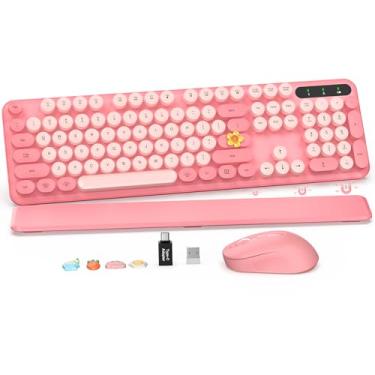 Imagem de Combo de teclado e mouse sem fio – teclado retrô com teclas redondas, estilo máquina de escrever, tamanho completo, com descanso de pulso removível, conexão de 2,4 GHz, para Mac/Windows/PC (Rosa bebê)