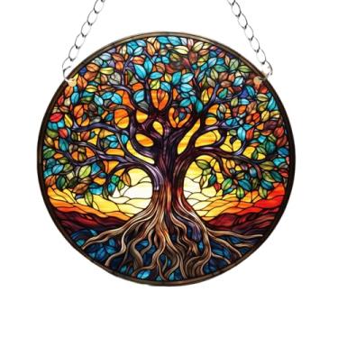 Imagem de Árvore da Vida, decoração para pendurar na janela, painel de acrílico manchado, enfeite de parede de janela de árvore para quarto, varanda, escritório, jardim (D)
