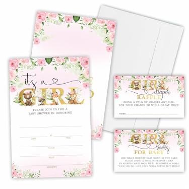 Imagem de Kit de convite para chá de bebê It'S A Girl, convites incluídos com envelopes, bilhetes de sorteio de fraldas (25 peças cada), cartões de solicitação de livro para anúncio de bebê, lembrancinha de