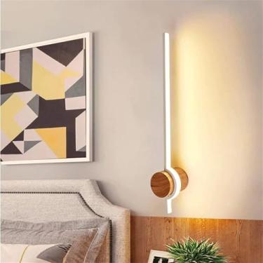 Imagem de Luminária de parede LED de madeira com listras longas, arandelas de parede modernas para cabeceira interna, luz de espelho linear de alumínio, iluminação de parede criativa e simples para sa