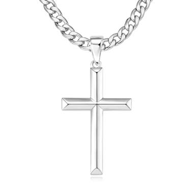 Imagem de Colar com cruz de prata esterlina 925 para homens e mulheres de aço inoxidável de 5 mm corte de diamante durável corrente de elos cubanos banhada a ouro branco 18 K com pingente de crucifixo com borda