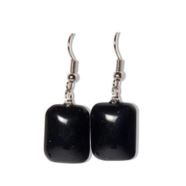Imagem de Brinco Retangular Pedra Obsidiana Negra Anzol Prateado - CristaisdeCur