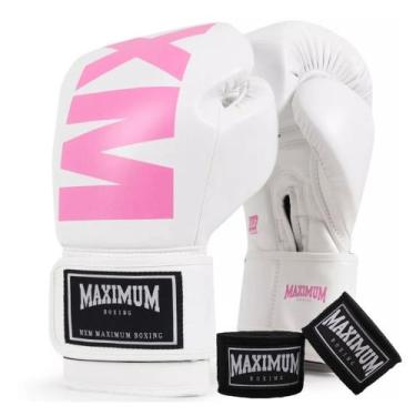 Imagem de Kit Luva Boxe Muay Thai Mxm White/Pink + Bandagem 3m - Maximum, 12oz