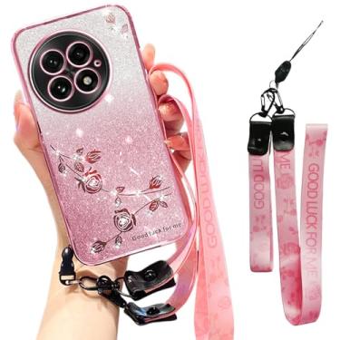 Imagem de Fofvccv Capa para OnePlus 13, glitter com cordão transversal para mulheres, flores brilhantes brilhantes floral capa transparente TPU macio com alça de ombro para OnePlus 13-YSS rosa