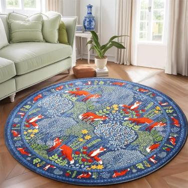 Imagem de Lindo tapete de floresta botânica para sala de estar azul boho floral 1,2 m redondo, lavável, tapete de berçário infantil de animais da floresta peculiar, tapete estético vintage para sala de jantar