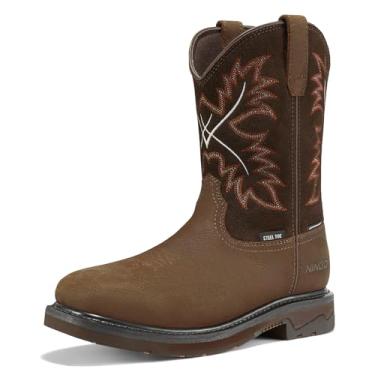 Imagem de NINGO Botas De Trabalho Masculinas Com Biqueira De Aço, Botas De Cowboy Com Biqueira Quadrada À Prova D'Água Para Homens, Botas De Segurança Masculinas Sem Cadarço Com Couro De Flor Integral, Antide