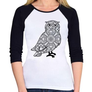 Imagem de Baby Look Raglan Coruja Mandala Manga 3/4 - Foca na Moda, Branco, Pret