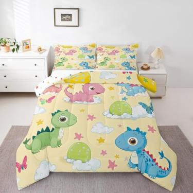 Imagem de Manfei Jogo de cama Queen com desenho animado de dinossauro, ovos de dinossauro, céu estrelado, nuvens, sonhador, decoração de quarto de meninos e meninas, edredom fofo de animais selvagens,